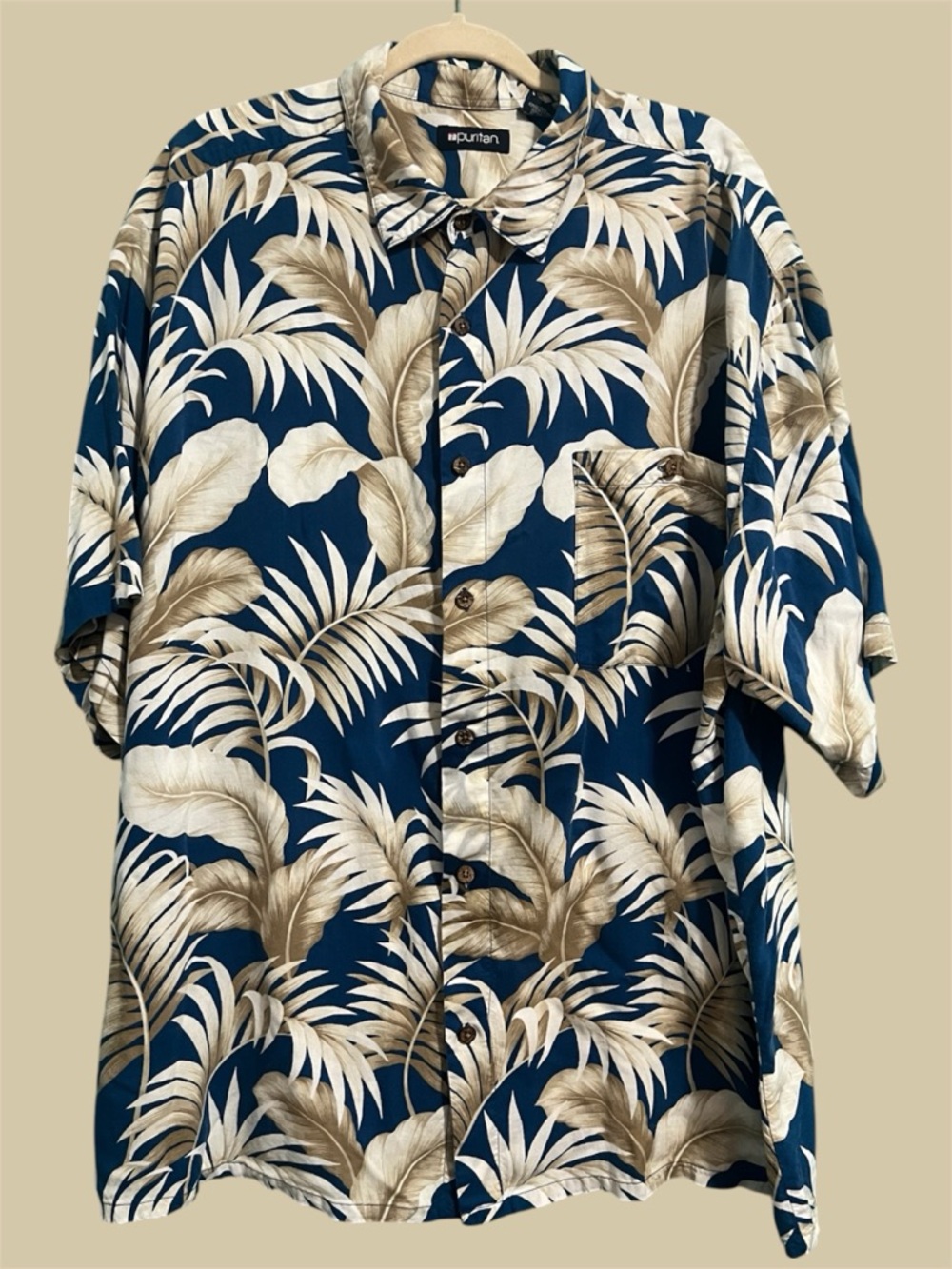 HAWAIIAN  2xL  Button Up SHIRT Puritan Men’s Tan Palm Leaves On Navy size 2XL